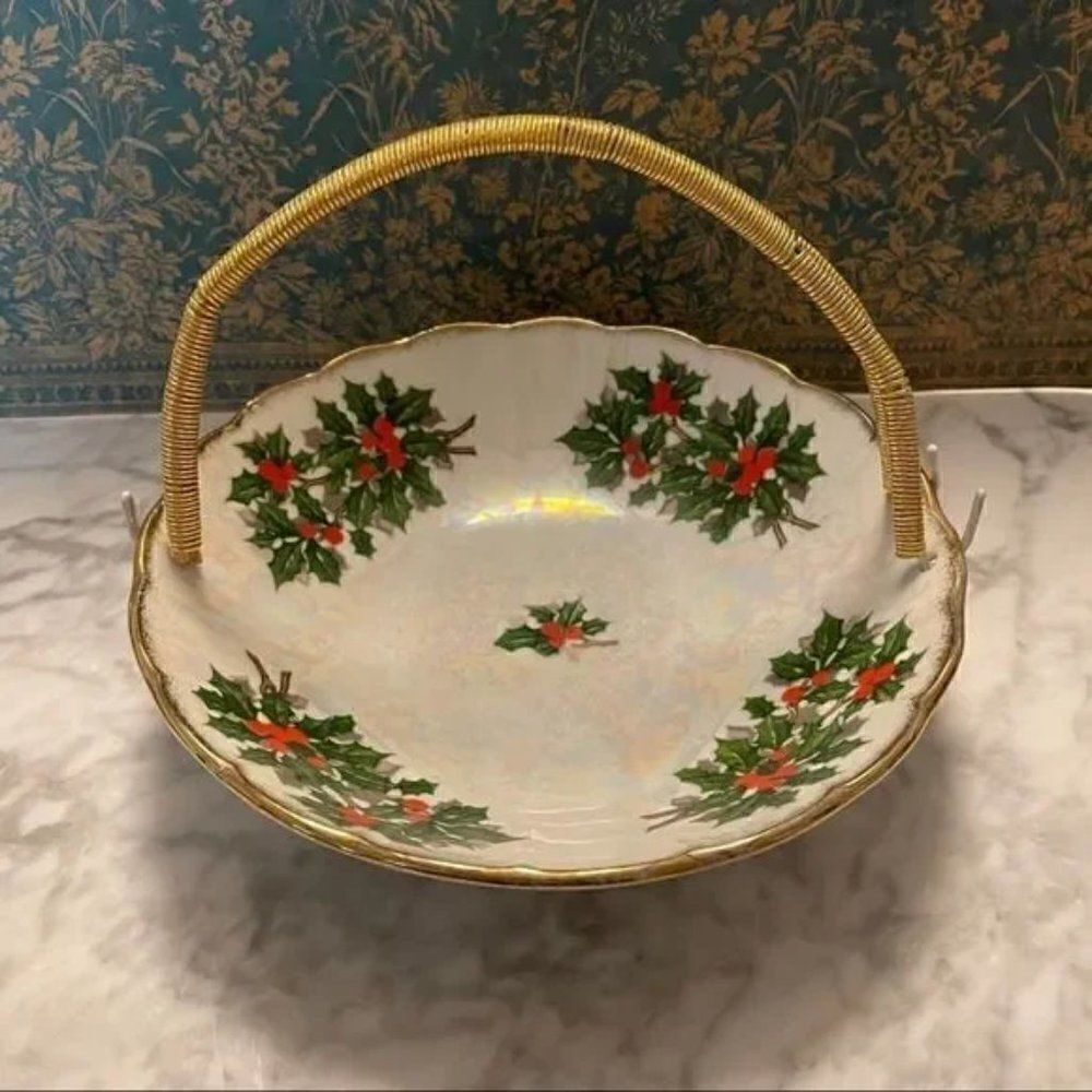 Vintage Ucagco Iridescent Holly Basket Bowl